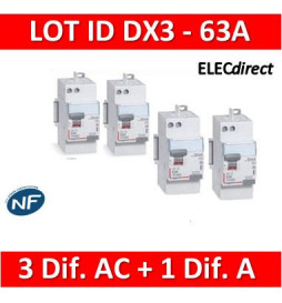 LEGRAND - LOT de 4 inter différentiels DX3 - (3 - ID 2x63A 30mA AC - ID 2x63A 30mA A) 411650x3 + 411651