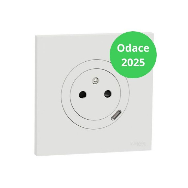 Schneider - Odace 2025 - Prise 2P+T affleurante avec chargeur USB-C + Plaque de finition - Blanc craie - Réf : S920042-P