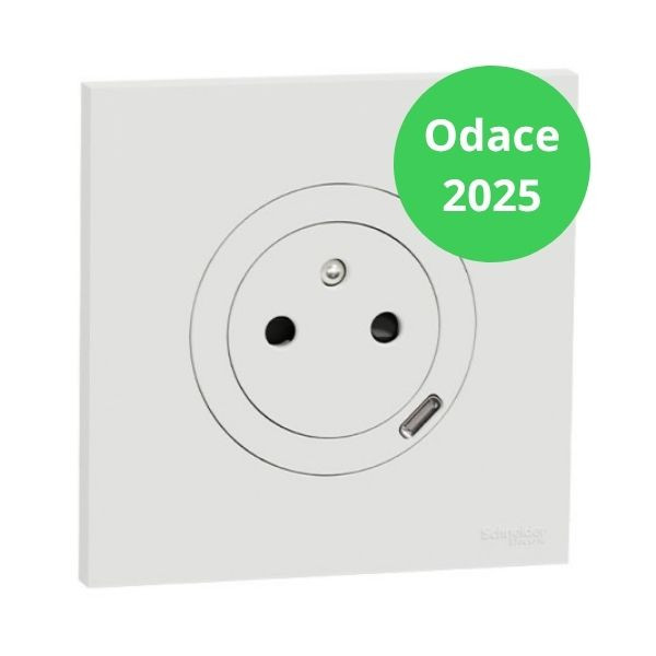 Schneider - Odace 2025 - Prise 2P+T affleurante avec chargeur USB-C + Plaque de finition - Blanc craie - Réf : S920042-P