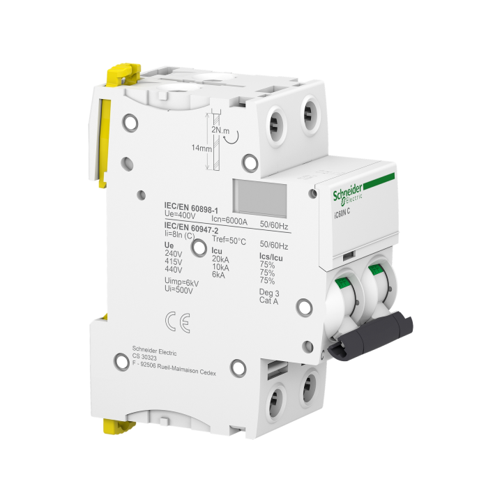 Schneider - Acti9 - IC60N - Disjoncteur - 2P - 10A - 6000A/50kA - courbe C - Réf : A9F74210