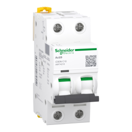 Schneider - Acti9 - IC60N - Disjoncteur - 2P - 10A - 6000A/50kA - courbe C - Réf : A9F74210