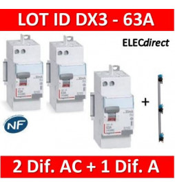 LEGRAND - LOT de 3 inter différentiels DX3 - (2 - ID 2x63A 30mA AC - ID 2x63A 30mA A) + Peigne 3R - 405001 + 411651 + 411650 X 2