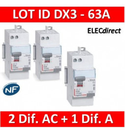 LEGRAND - LOT de 3 inter différentiels DX3 - (2 - ID 2x63A 30mA AC - ID 2x63A 30mA A) 411650x2 + 411651