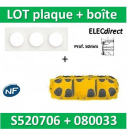 Schneider Odace - Plaque 3 postes + Boîte Batibox BBC Legrand 3 postes - Hor/vert Prof. 50 - s520706+080033