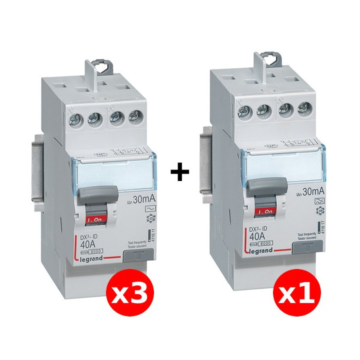 LEGRAND - LOT de 4 inter différentiels DX3 - (3 ID 2x40A 30mA AC & ID 2x40A 30mA A) - Réf. : 411611x3 + 411617