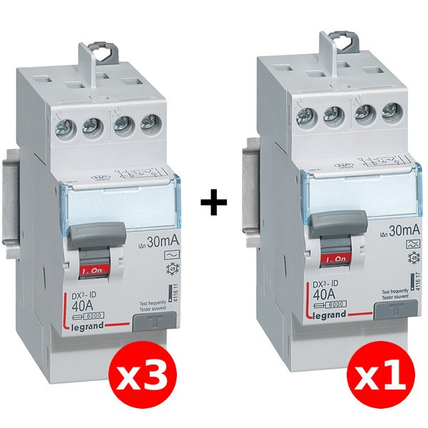 LEGRAND - LOT de 4 inter différentiels DX3 - (3 ID 2x40A 30mA AC & ID 2x40A 30mA A) - Réf. : 411611x3 + 411617