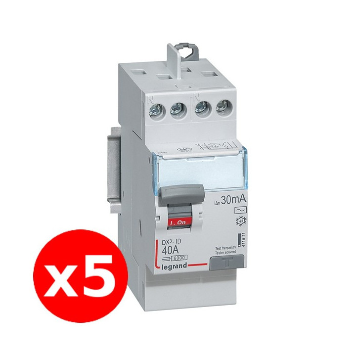 LEGRAND - DX³ - LOT de 5 Inter Différentiels - 2x40A - 30mA AC - Réf. : 411611 X 5
