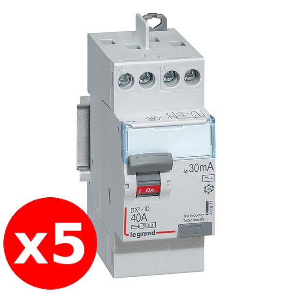 LEGRAND - DX³ - LOT de 5 Inter Différentiels - 2x40A - 30mA AC - Réf. : 411611 X 5