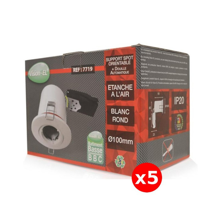 Miidex - Lot de 5 Supports Spot Orientable - Etanche à l'air - Blanc - D.100mm - BBC - Réf. : 7719x5