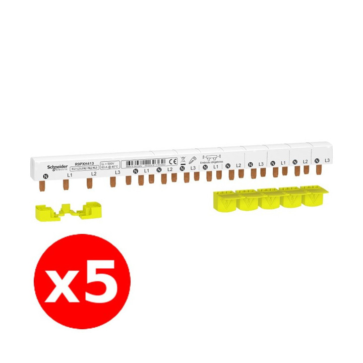 Schneider - Resi9 XP - LOT de 5 peigne monobloc - 3p+n - 63a - 13 modules - cache dents 5m - R9PXH413x5