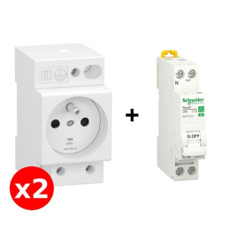Schneider - Resi9 XP - LOT de 2 Prises Modulaire + 1 Disjoncteur 16A - Réf. : R9PCS616x2+R9PFC616