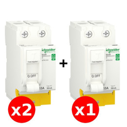 SCHNEIDER - RESI9 XP - LOT de 3 Inter. Diff.  - 2 ID 63A type AC + 1 ID 63A type A - Réf. : R9PRC263x2+R9PRA263
