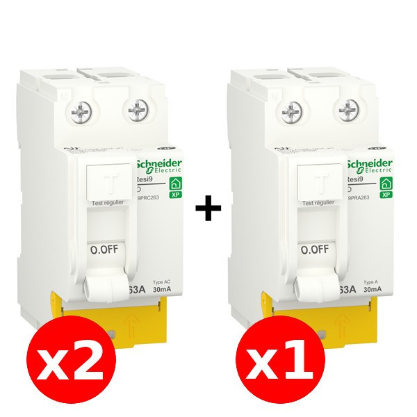 SCHNEIDER - RESI9 XP - LOT de 3 Inter. Diff.  - 2 ID 63A type AC + 1 ID 63A type A - Réf. : R9PRC263x2+R9PRA263