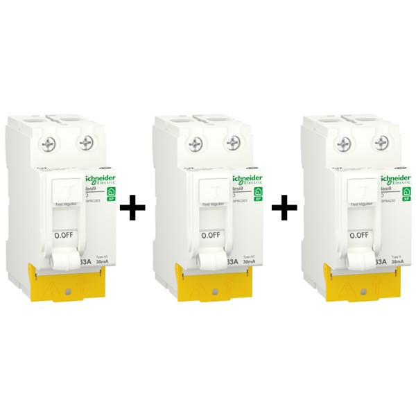 SCHNEIDER - RESI9 XP - LOT de 3 Inter. Diff.  - 2 ID 63A type AC + 1 ID 63A type A - Réf. : R9PRC263x2+R9PRA263