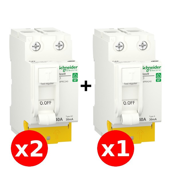 SCHNEIDER - RESI9 XP - LOT de 3 Inter. Diff.  - 2 ID 40A Type AC + 1 ID 40A Type A) - Réf. : R9PRC240x2+R9PRA240