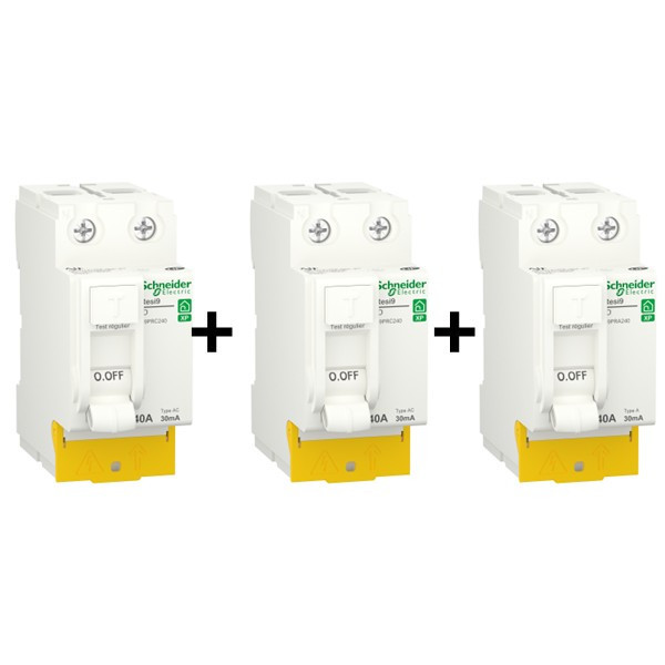 SCHNEIDER - RESI9 XP - LOT de 3 Inter. Diff.  - 2 ID 40A Type AC + 1 ID 40A Type A) - Réf. : R9PRC240x2+R9PRA240