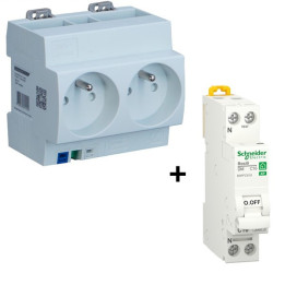 Schneider - Resi9 XP - Disjoncteur 16A + Double Prise Modulaire DIGITAL  Précâblé 2P+T - Réf. : 04564+R9PFC616