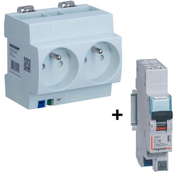 Legrand - Disjoncteur 16A Auto + Double Prise Modulaire Précâblé 2P+T DIGITAL - Réf. : 04564 + 406783