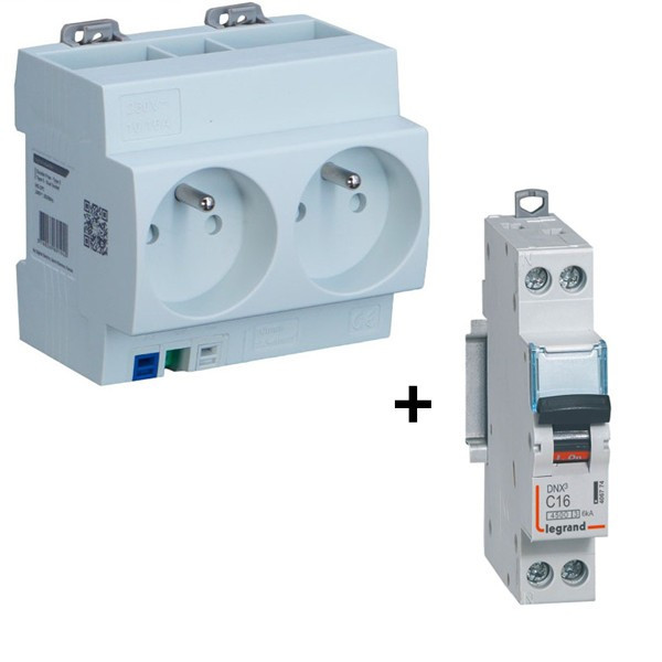 Legrand - Disjoncteur 16A Vis + Double Prise Modulaire précâblé 2P+T DIGITAL - Réf. : 04564 + 406774