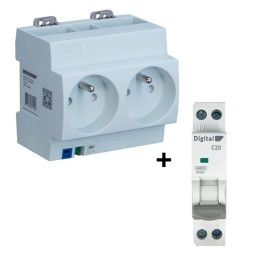 DIGITAL ELECTIRC - Disjoncteur 20A à Vis + Double Prise Modulaire Précâblé 2P+T - Réf. : 04564+01020
