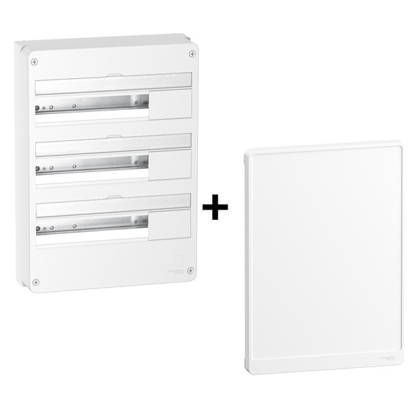 Schneider - Resi9 - Coffret 3 Rangées de 18 Modules + Porte Blanche - Réf. : R9H18403+R9H18423