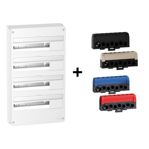 Schneider - Resi9 - Coffret 4 Rangées de 18 Modules + Borniers 3 Phases + 1 Neutre - Réf. : R9H18404+R9H13411P