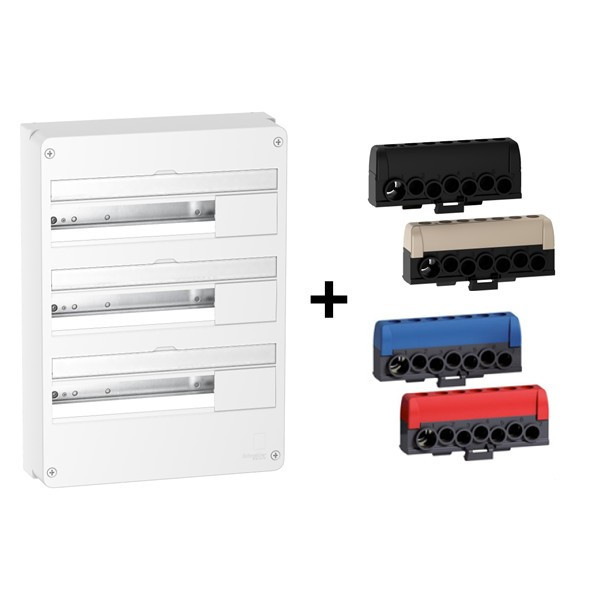 Schneider - Resi9 - Coffret 3 Rangées de 18 Modules + Borniers 3 Phases + 1 Neutre - Réf. : R9H18403+R9H13411P