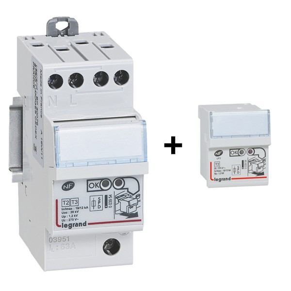 Legrand - Parafoudre bipolaire - Type 2 LEXIC avec protection intégrée + Cartouche de rechange - Réf. : 003951+003954