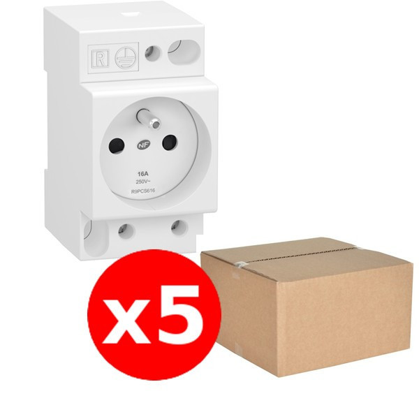 Schneider - Resi9 XP - LOT de 5 Prises de courant Modulaire - 2P+T - 16A - 250V - Réf. : R9PCS616x5