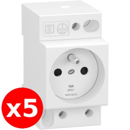 Schneider - Resi9 XP - LOT de 5 Prises de courant Modulaire - 2P+T - 16A - 250V - Réf. : R9PCS616x5
