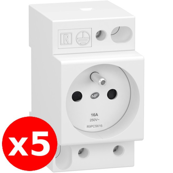 Schneider - Resi9 XP - LOT de 5 Prises de courant Modulaire - 2P+T - 16A - 250V - Réf. : R9PCS616x5