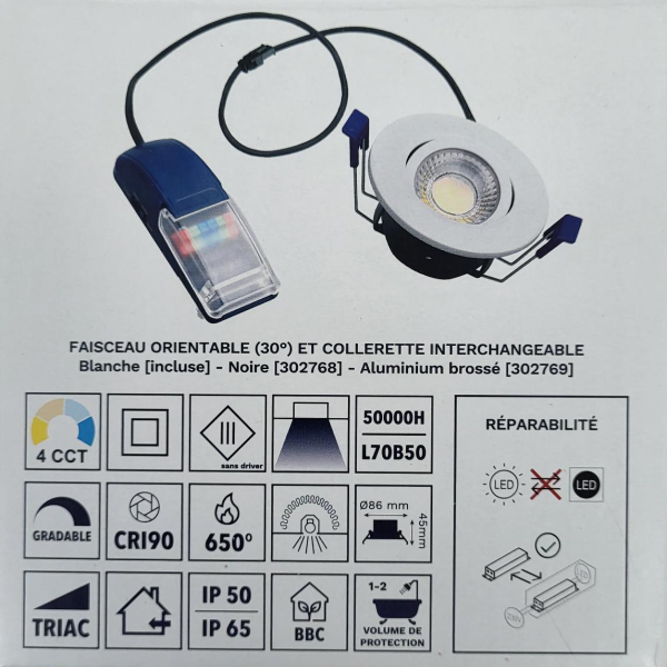 Electra - Spot LED Ø68 Dimmable - Aluminium brossé - orientable - 6W - IP65 - BBC - 2700/3000/4000/5000°K - Réf : 302687+302769