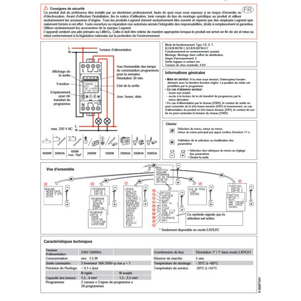 Legrand - Interrupteur horaire programmable annuel digital - multifonction - AUTO -  2 sorties - 16A - Réf : 412630
