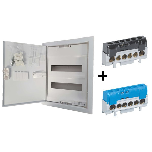 Legrand - Coffret encastré 2x12+2 avec porte métal extra plate + Borniers PH et N - Ref. : 001532+004816+004815