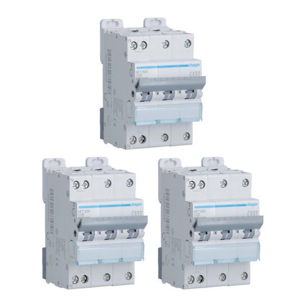 Hager - LOT de 3 Disjoncteurs 20A - 3P+N - 6-10kA- Courbe C - 3 Modules - Réf. : NFT820x3