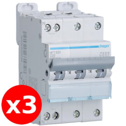 Hager - LOT de 3 Disjoncteurs 20A - 3P+N - 6-10kA- Courbe C - 3 Modules - Réf. : NFT820x3