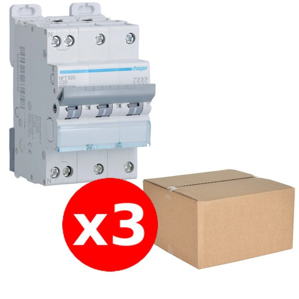 Hager - LOT de 3 Disjoncteurs 20A - 3P+N - 6-10kA- Courbe C - 3 Modules - Réf. : NFT820x3
