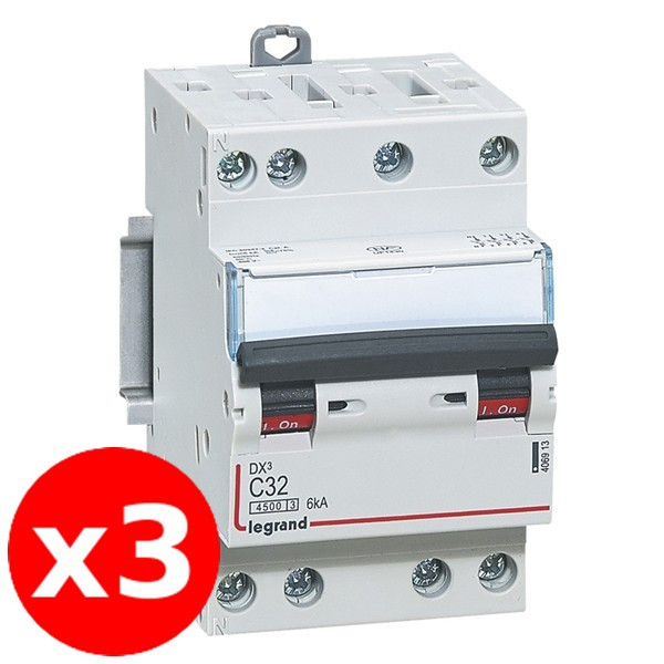 Legrand - Disjoncteur 32A - 4 Pôles - DX3 - 3 Modules - 6kA - Courbe C - Réf. : 406913x3