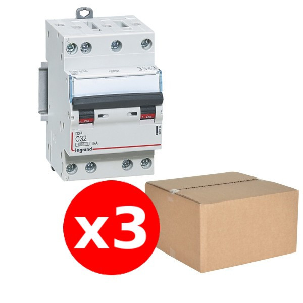 Legrand - Disjoncteur 32A - 4 Pôles - DX3 - 3 Modules - 6kA - Courbe C - Réf. : 406913x3