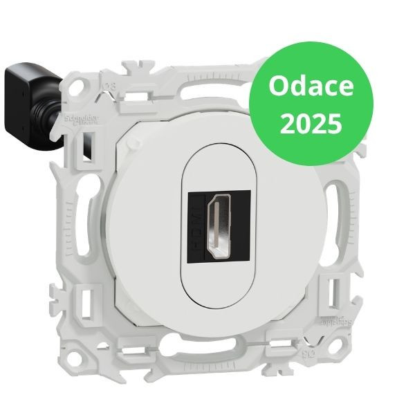 Schneider - Odace 2025 - Prise HDMI Type A 2.1 - Ultra HD 8K/60Hz - Câble femelle à l'arrière - Blanc craie - Réf : S920462