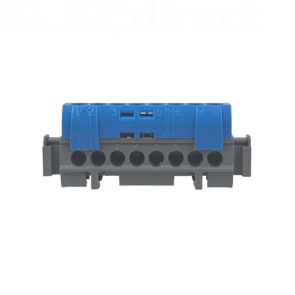 Legrand - Bornier de répartition IP 2X - neutre - 8 connexions 1,5 à 16 mm²- bleu- L 75 mm - Réf : 004842