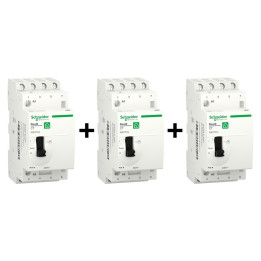 Schneider - Resi9 - LOT de 3 Contacteurs heures creuses - 4NO 25A - Avec commande manuelle - Réf. : R9PCTH4x3