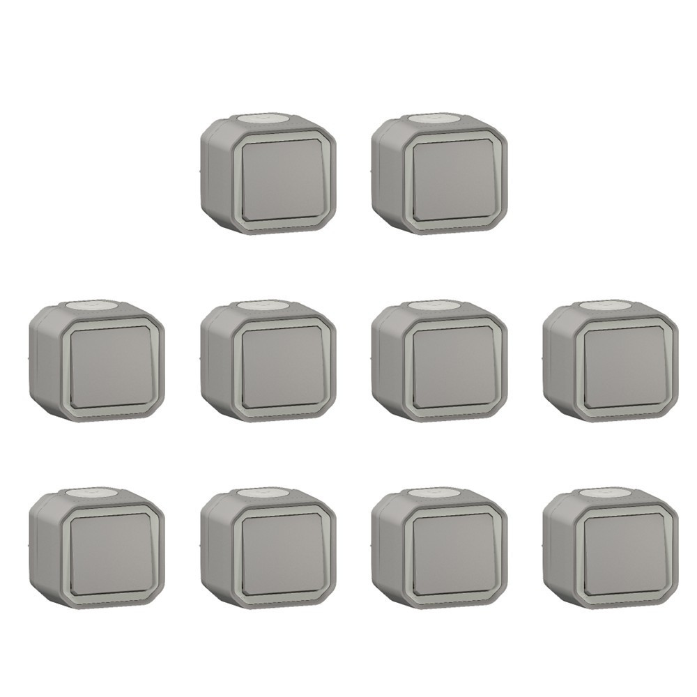 Legrand - Plexo L - LOT de 10 Interrupteurs / Va-et-vient - 10AX - 250V - Saillie - Gris - Ref. : 069711Lx10