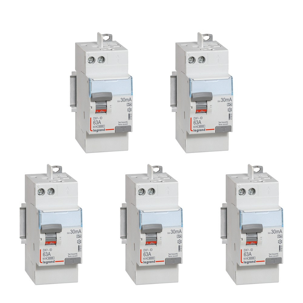 LEGRAND - LOT de 5 interrupteur différentiel - DX3 - 2P - 63A - 30mA - Type A - Départ Haut Auto - Réf. : 411651x5