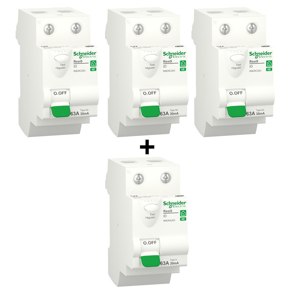 SCHNEIDER - Resi9 XE - LOT de 4 Inter Diff. 63A - 3x Type AC et 3x Type A - 30mA - Ref. : R9ERC263x3+R9ERA263