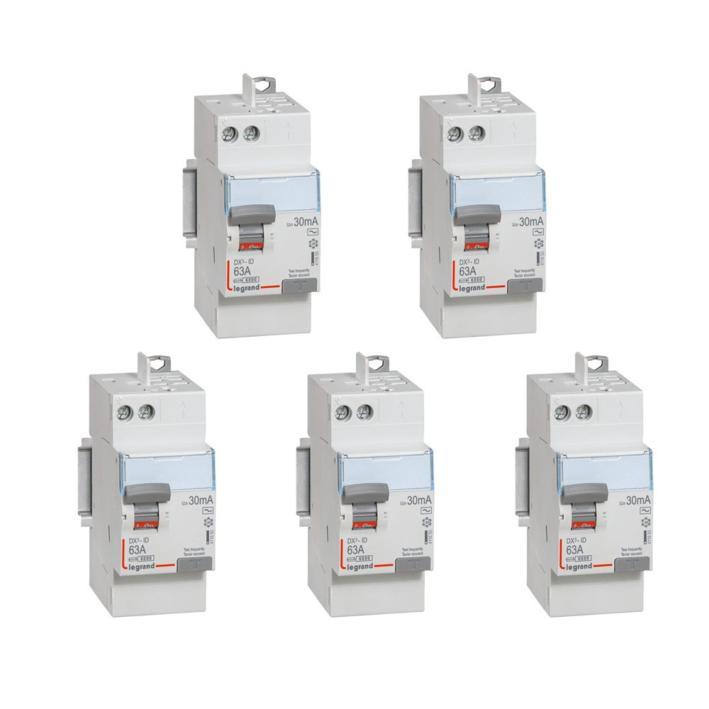LEGRAND - LOT de 5 inter différentiels DX3 - ID 2x63A - 30mA AC - Réf. : 411650 x 5