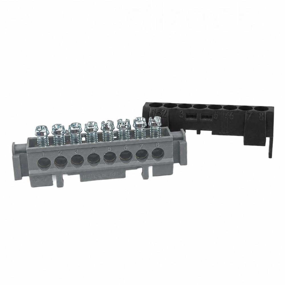 Legrand - Bornier de répartition IP 2X - phase - 8 connexions 1,5 à 16 mm²- noir - L 75 mm - Réf : 004852