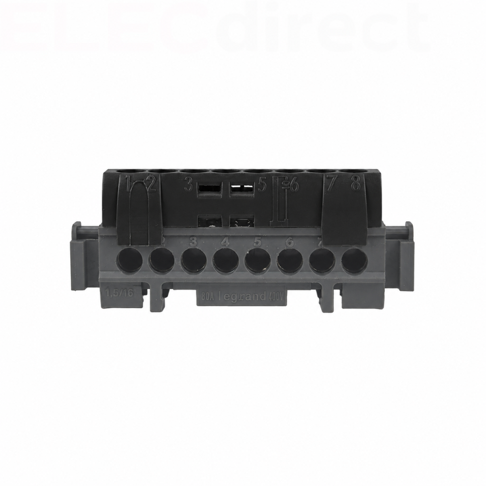 Legrand - Bornier de répartition IP 2X - phase - 8 connexions 1,5 à 16 mm²- noir - L 75 mm - Réf : 004852