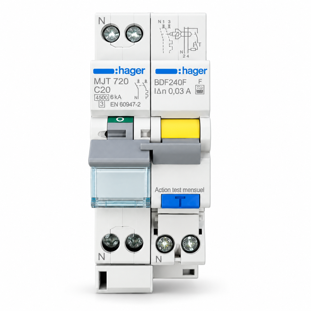 Hager - Disjoncteur 20A courbe C avec Bloc différentiel 40A type HPI - Réf : BDF240F + MJT720
