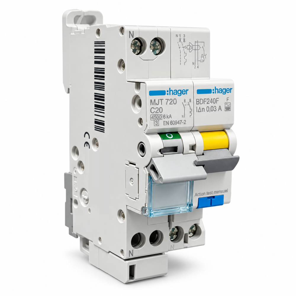 Hager - Disjoncteur 20A courbe C avec Bloc différentiel 40A type HPI - Réf : BDF240F + MJT720
